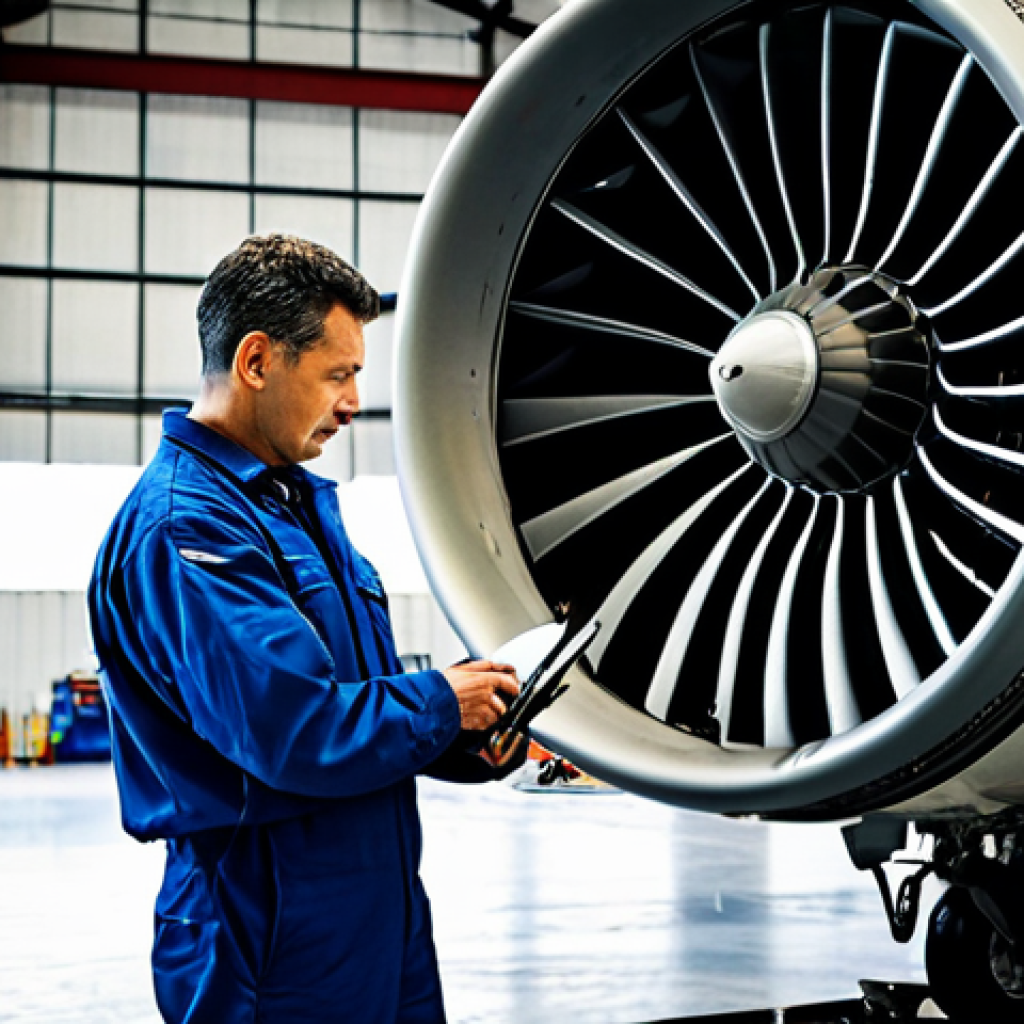 항공정비사와 항공사별 정비 프로세스 - Routine Inspection**
"An aviation mechanic in a fully clothed uniform performing a detailed inspect...