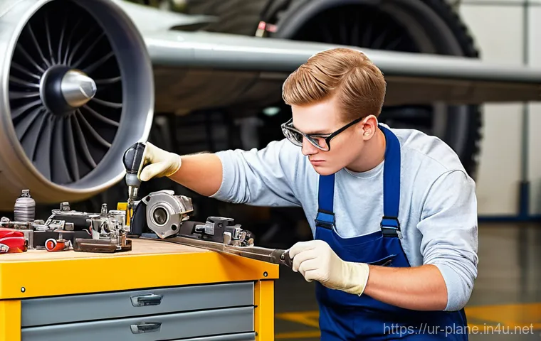 항공정비사 실기 시험 꿀팁 - **Prompt 1: Focused Practical Training**
"A young, determined aircraft maintenance trainee, appr...