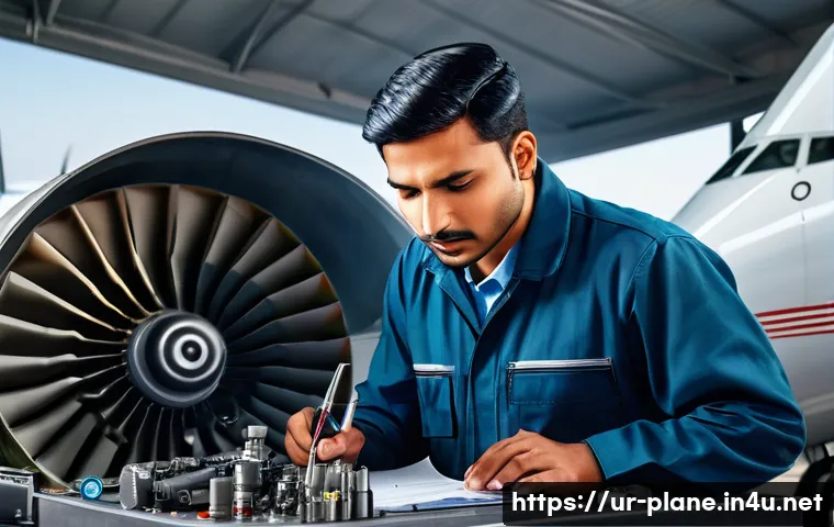 항공정비사 필기 시험 기출 문제 분석 - A detailed, realistic scene of an aviation maintenance technician workshop in Pakistan, showing a ma...