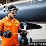 Home 19 항공정비사의 체력 관리 팁 - A detailed scene showing an aircraft mechanic in a modern hangar, wearing full protective gear inclu...