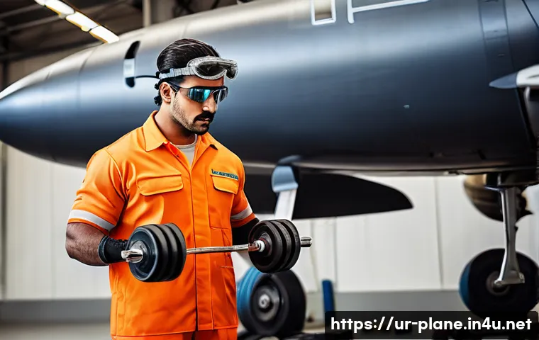 항공정비사의 체력 관리 팁 - A detailed scene showing an aircraft mechanic in a modern hangar, wearing full protective gear inclu...