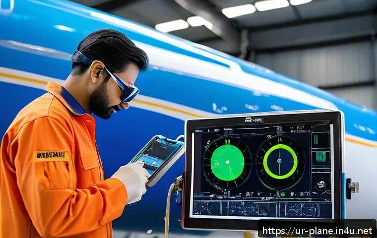 항공정비사 실무에서 요구되는 기술 - A highly detailed digital aircraft maintenance workshop scene showcasing advanced diagnostic tools i...
