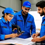 Home 23 항공정비사와 외국어 능력 - A professional aircraft maintenance technician team in a modern hangar, diverse group of South Asian...