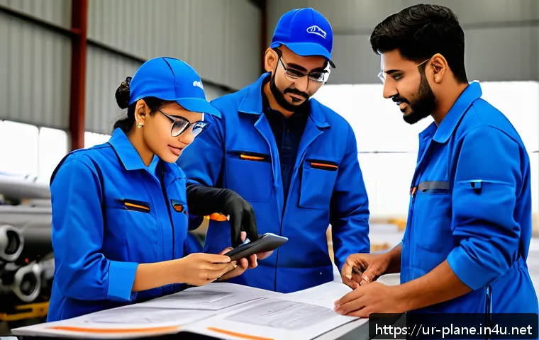 항공정비사와 외국어 능력 - A professional aircraft maintenance technician team in a modern hangar, diverse group of South Asian...