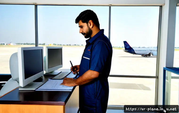 항공정비사 연봉 협상 팁 - Photorealistic airline maintenance technician in neat navy coveralls meeting with a hiring manager i...